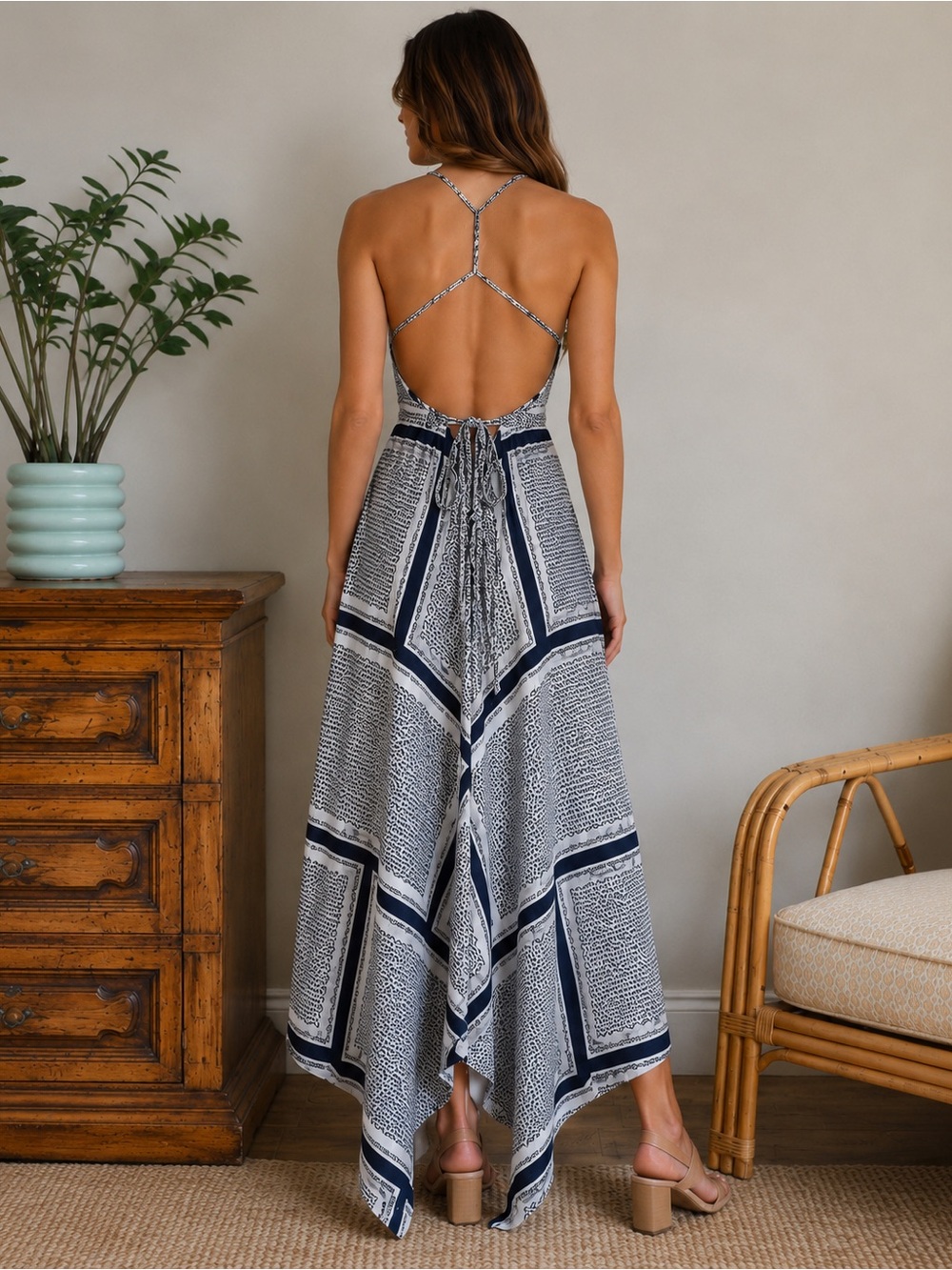 NWT Aakaa Navy & White Geometric Maxi Dress – Size Medium